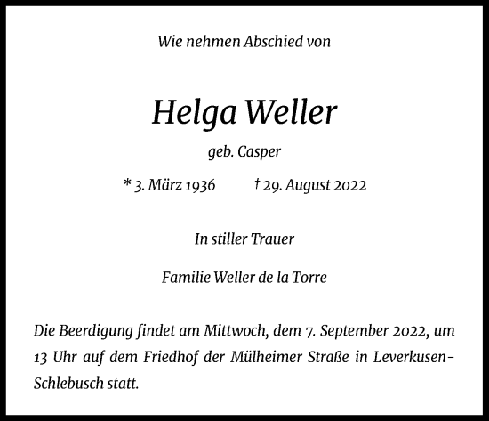 Anzeige von Helga Weller von Kölner Stadt-Anzeiger / Kölnische Rundschau / Express