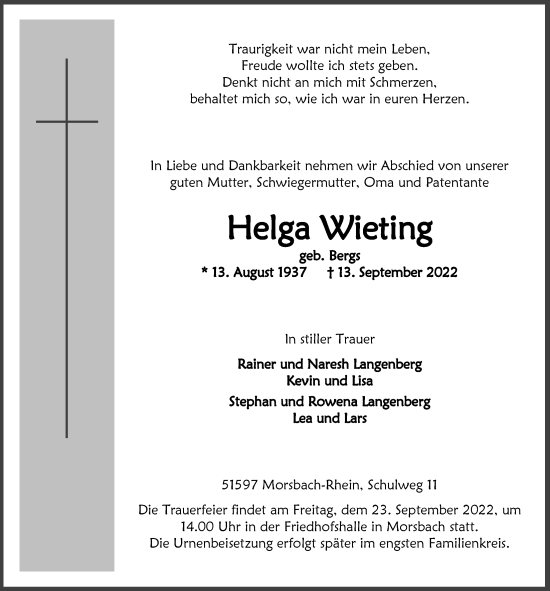 Anzeige von Helga Wieting von  Lokalanzeiger 