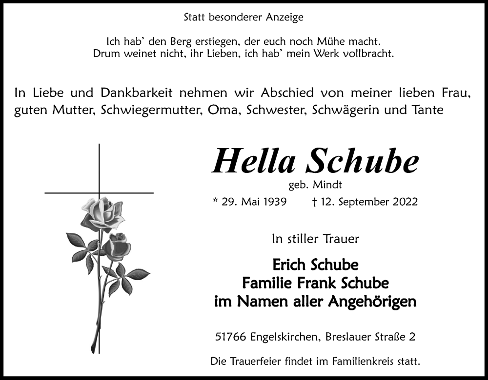  Traueranzeige für Hella Schube vom 17.09.2022 aus Kölner Stadt-Anzeiger / Kölnische Rundschau / Express