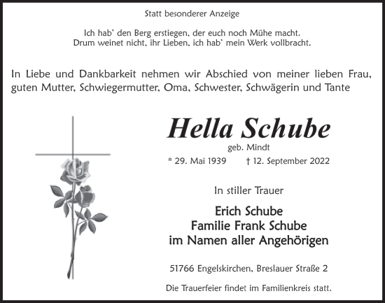 Anzeige von Hella Schube von  Anzeigen Echo 