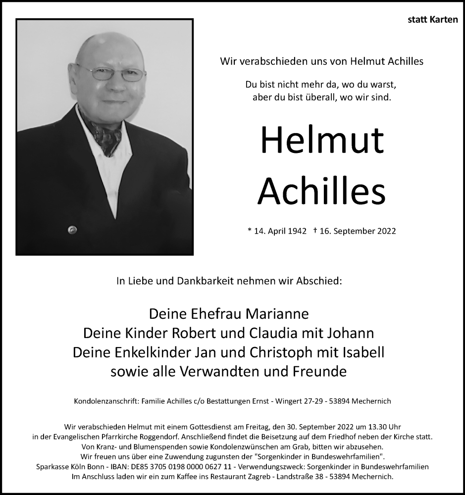  Traueranzeige für Helmut Achilles vom 28.09.2022 aus Kölner Stadt-Anzeiger / Kölnische Rundschau / Express