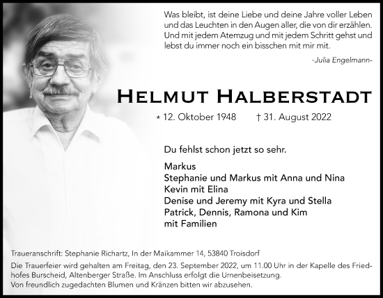 Anzeige von Helmut Halberstadt von Kölner Stadt-Anzeiger / Kölnische Rundschau / Express