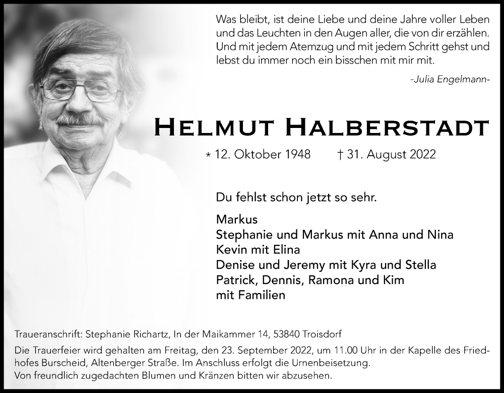  Traueranzeige für Helmut Halberstadt vom 10.09.2022 aus Kölner Stadt-Anzeiger / Kölnische Rundschau / Express