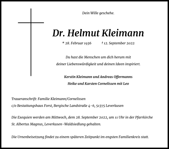 Anzeige von Helmut Kleimann von Kölner Stadt-Anzeiger / Kölnische Rundschau / Express