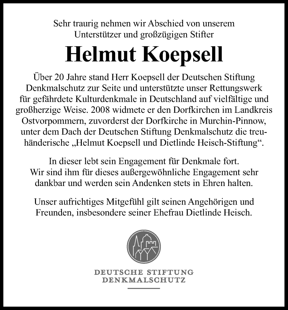  Traueranzeige für Helmut Koepsell vom 03.09.2022 aus Kölner Stadt-Anzeiger / Kölnische Rundschau / Express