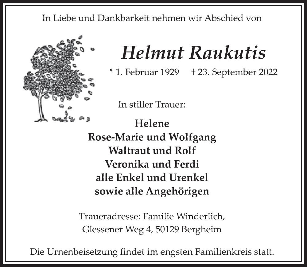  Traueranzeige für Helmut Raukutis vom 30.09.2022 aus  Werbepost 