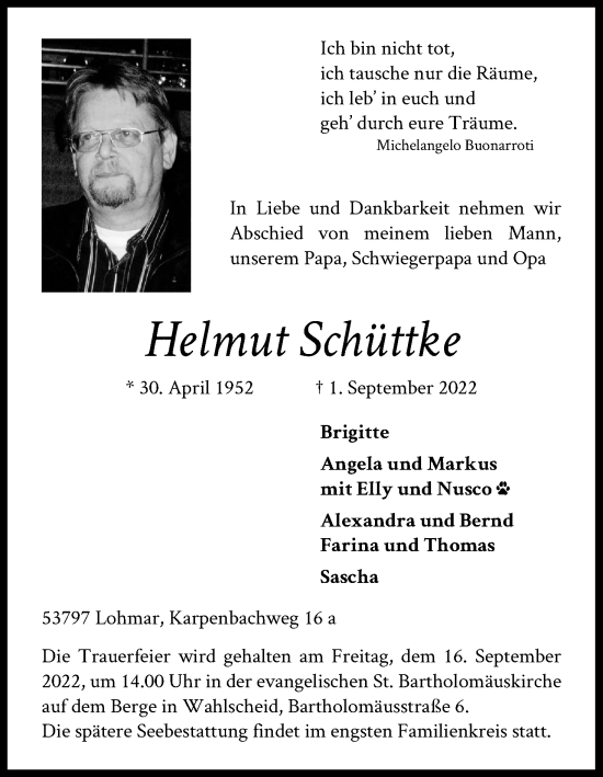 Anzeige von Helmut Schüttke von Kölner Stadt-Anzeiger / Kölnische Rundschau / Express
