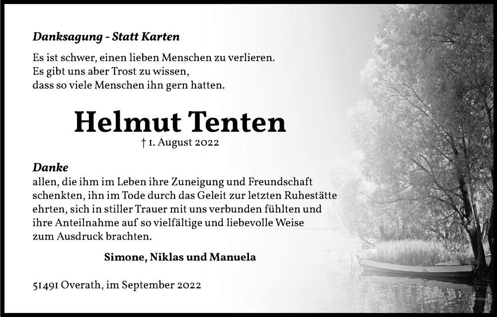 Traueranzeige für Helmut Tenten vom 10.09.2022 aus Kölner Stadt-Anzeiger / Kölnische Rundschau / Express