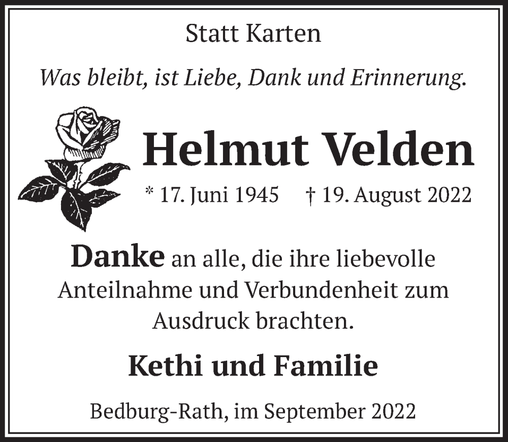  Traueranzeige für Helmut Velden vom 30.09.2022 aus  Werbepost 