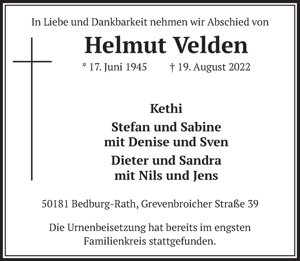  Traueranzeige für Helmut Velden vom 09.09.2022 aus  Werbepost 