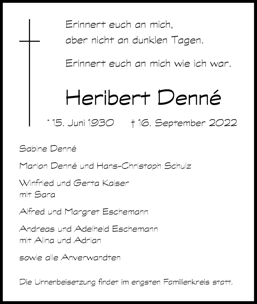  Traueranzeige für Herbert Denné vom 24.09.2022 aus Kölner Stadt-Anzeiger / Kölnische Rundschau / Express
