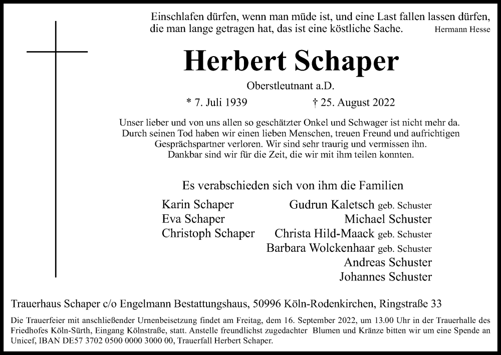  Traueranzeige für Herbert Schaper vom 10.09.2022 aus Kölner Stadt-Anzeiger / Kölnische Rundschau / Express