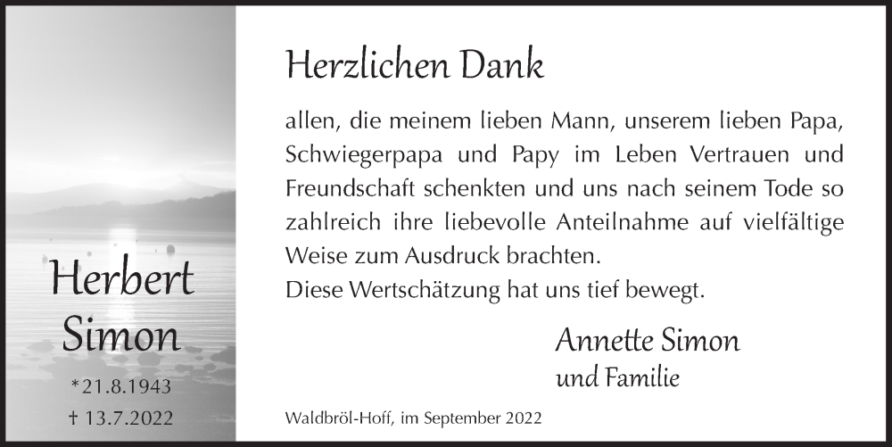  Traueranzeige für Herbert Simon vom 16.09.2022 aus  Lokalanzeiger 