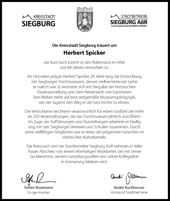 Anzeige von Herbert Spicker von Kölner Stadt-Anzeiger / Kölnische Rundschau / Express