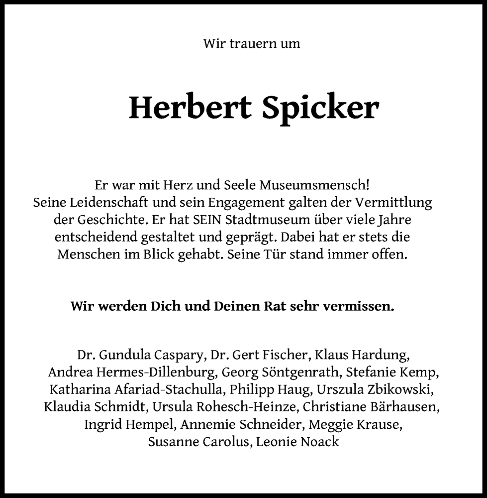  Traueranzeige für Herbert Spicker vom 17.09.2022 aus Kölner Stadt-Anzeiger / Kölnische Rundschau / Express
