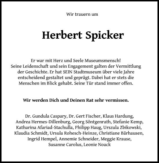Anzeige von Herbert Spicker von Kölner Stadt-Anzeiger / Kölnische Rundschau / Express