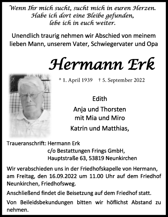 Anzeige von Hermann Erk von Kölner Stadt-Anzeiger / Kölnische Rundschau / Express