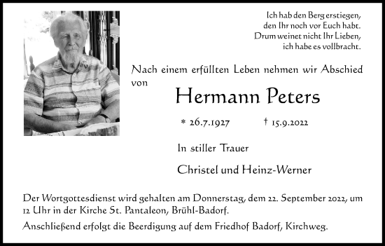 Anzeige von Hermann Peters von Kölner Stadt-Anzeiger / Kölnische Rundschau / Express