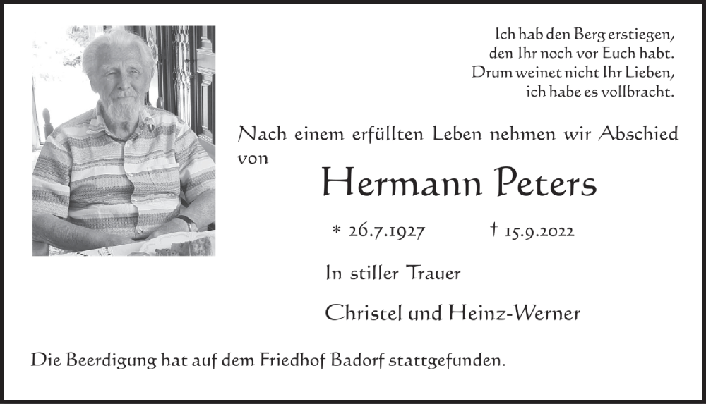  Traueranzeige für Hermann Peters vom 23.09.2022 aus  Schlossbote/Werbekurier 