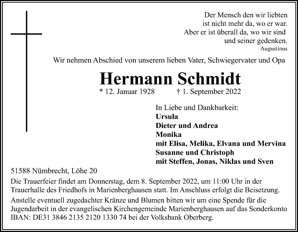  Traueranzeige für Hermann Schmidt vom 03.09.2022 aus Kölner Stadt-Anzeiger / Kölnische Rundschau / Express