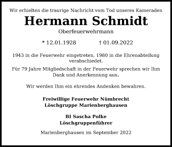 Anzeige von Hermann Schmidt von Kölner Stadt-Anzeiger / Kölnische Rundschau / Express