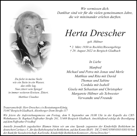 Anzeige von Herta Drescher von Kölner Stadt-Anzeiger / Kölnische Rundschau / Express