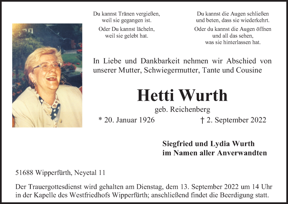  Traueranzeige für Hetti Wurth vom 07.09.2022 aus Kölner Stadt-Anzeiger / Kölnische Rundschau / Express