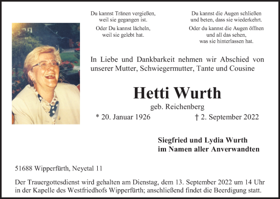 Anzeige von Hetti Wurth von Kölner Stadt-Anzeiger / Kölnische Rundschau / Express