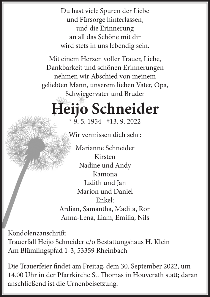  Traueranzeige für Heut Schneider vom 24.09.2022 aus  Blickpunkt Euskirchen 
