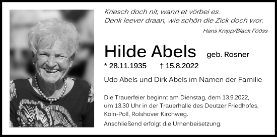 Anzeige von Hilde Abels von Kölner Stadt-Anzeiger / Kölnische Rundschau / Express
