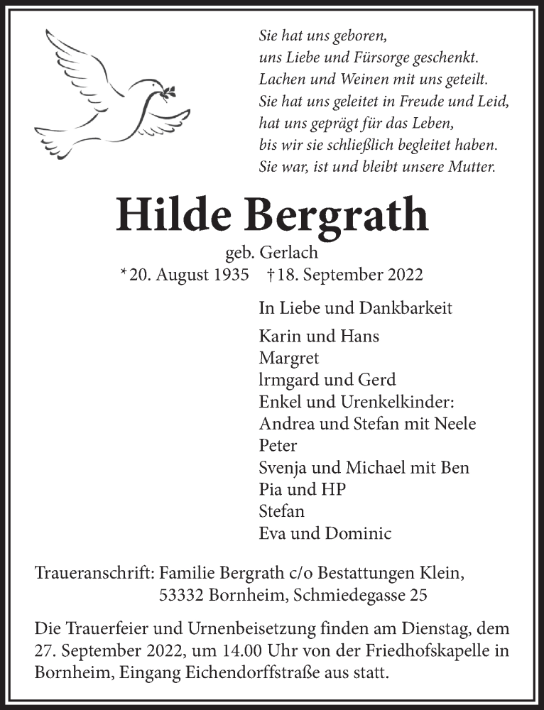  Traueranzeige für Hilde Bergrath vom 23.09.2022 aus  Schaufenster/Blickpunkt 