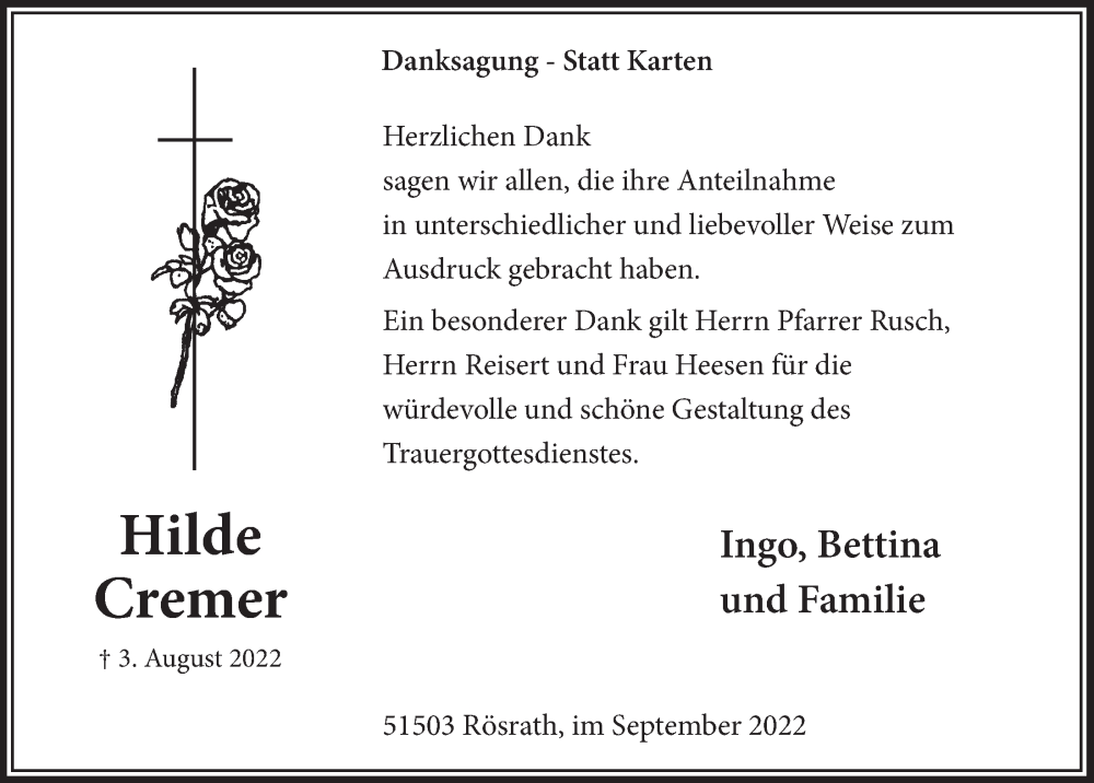  Traueranzeige für Hilde Cremer vom 30.09.2022 aus  Bergisches Handelsblatt 