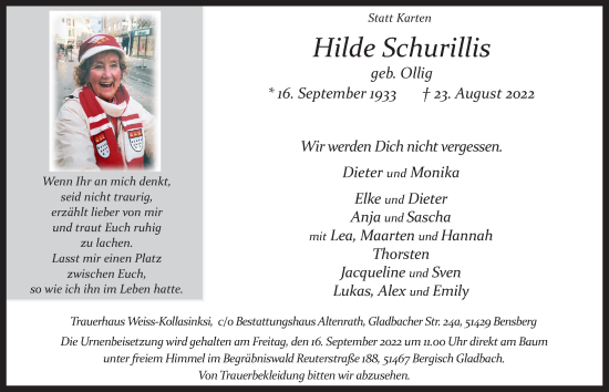 Anzeige von Hilde Schurillis von  Bergisches Handelsblatt 