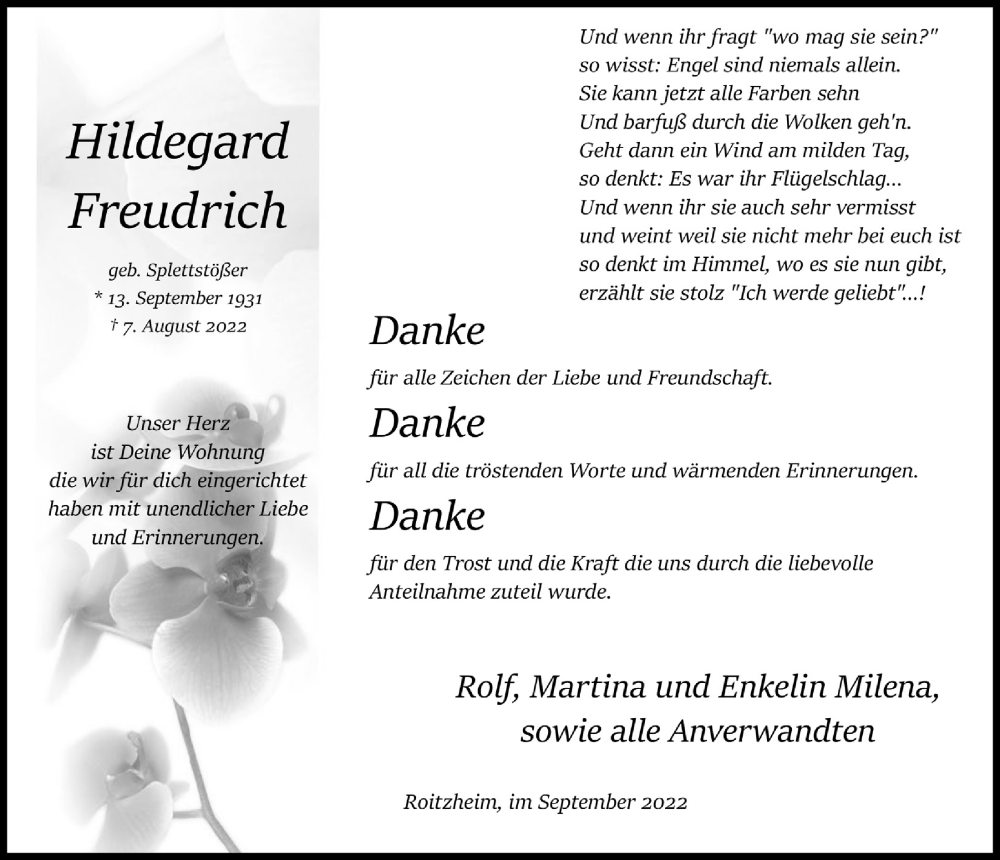  Traueranzeige für Hildegard Freudrich vom 24.09.2022 aus  Blickpunkt Euskirchen 