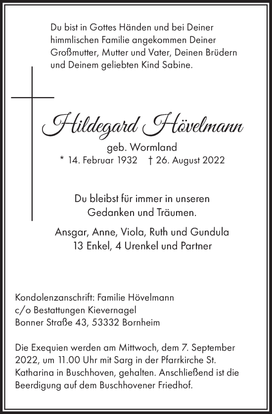 Anzeige von Hildegard Hövelmann von  Schaufenster/Blickpunkt 