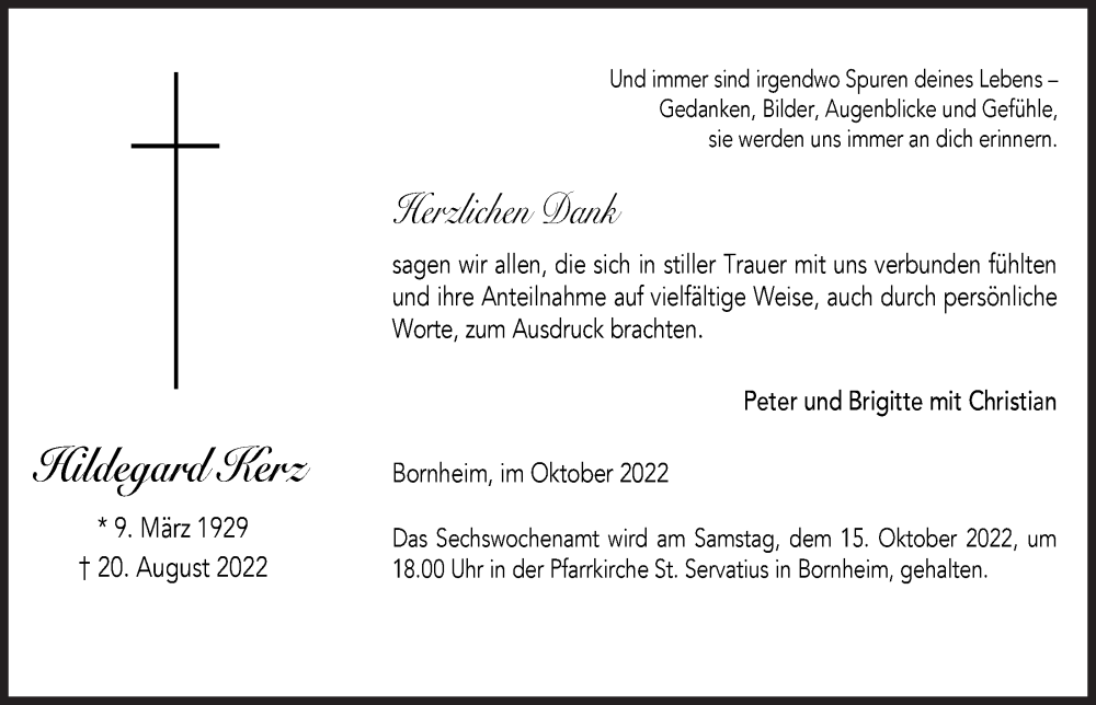  Traueranzeige für Hildegard Kerz vom 30.09.2022 aus  Schaufenster/Blickpunkt 