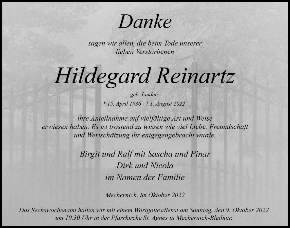  Traueranzeige für Hildegard Reinartz vom 01.10.2022 aus  Blickpunkt Euskirchen 
