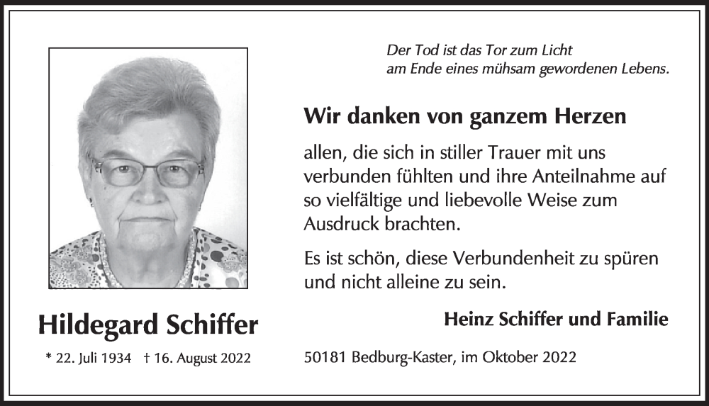  Traueranzeige für Hildegard Schiffer vom 30.09.2022 aus  Werbepost 