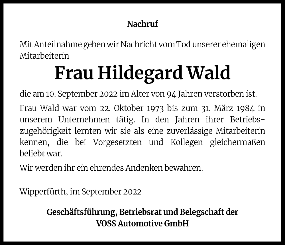  Traueranzeige für Hildegard Wald vom 17.09.2022 aus Kölner Stadt-Anzeiger / Kölnische Rundschau / Express