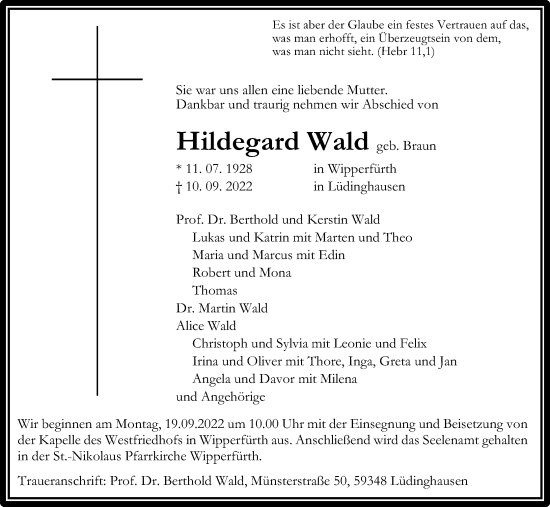 Anzeige von Hildegard Wald von Kölner Stadt-Anzeiger / Kölnische Rundschau / Express