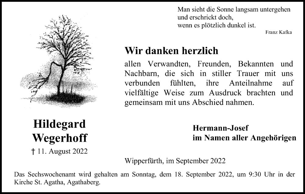  Traueranzeige für Hildegard Wegerhoff vom 15.09.2022 aus Kölner Stadt-Anzeiger / Kölnische Rundschau / Express