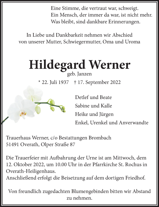 Anzeige von Hildegard Werner von  Bergisches Handelsblatt 