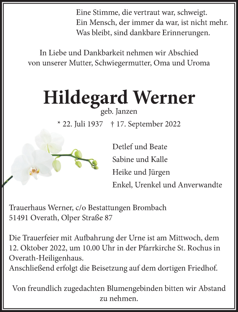  Traueranzeige für Hildegard Werner vom 30.09.2022 aus  Bergisches Handelsblatt 