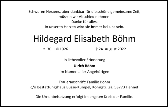 Anzeige von Hildegard Elisabeth Böhm von Kölner Stadt-Anzeiger / Kölnische Rundschau / Express