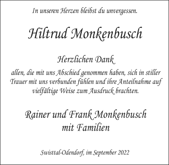 Anzeige von Hiltrud Monkenbusch von  Schaufenster/Blickpunkt 