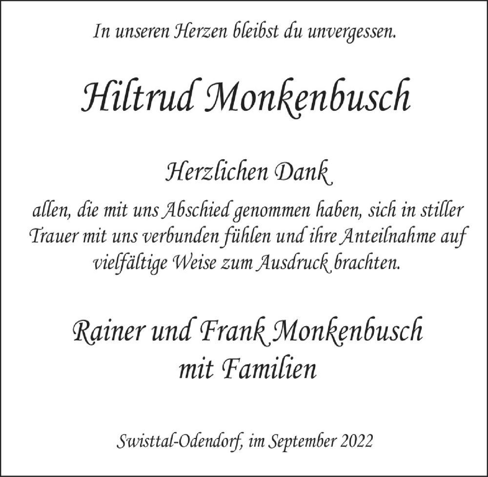  Traueranzeige für Hiltrud Monkenbusch vom 23.09.2022 aus  Schaufenster/Blickpunkt 