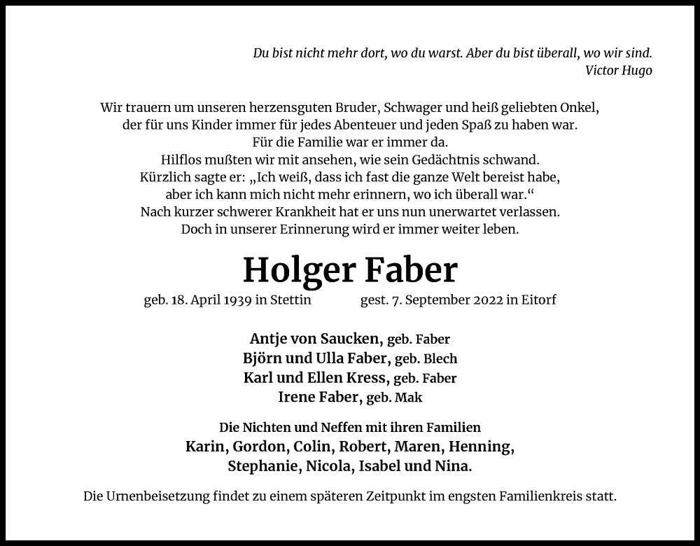  Traueranzeige für Holger Faber vom 10.09.2022 aus Kölner Stadt-Anzeiger / Kölnische Rundschau / Express