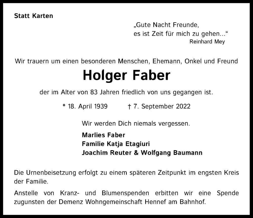  Traueranzeige für Holger Faber vom 10.09.2022 aus Kölner Stadt-Anzeiger / Kölnische Rundschau / Express