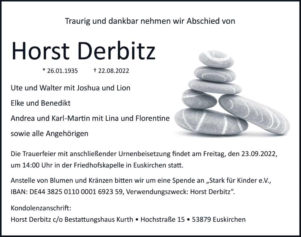  Traueranzeige für Horst Derbitz vom 17.09.2022 aus  Blickpunkt Euskirchen 