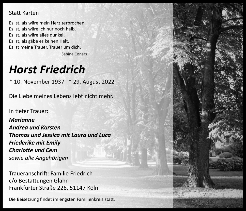  Traueranzeige für Horst Friedrich vom 02.09.2022 aus  EXPRESS - Die Woche 